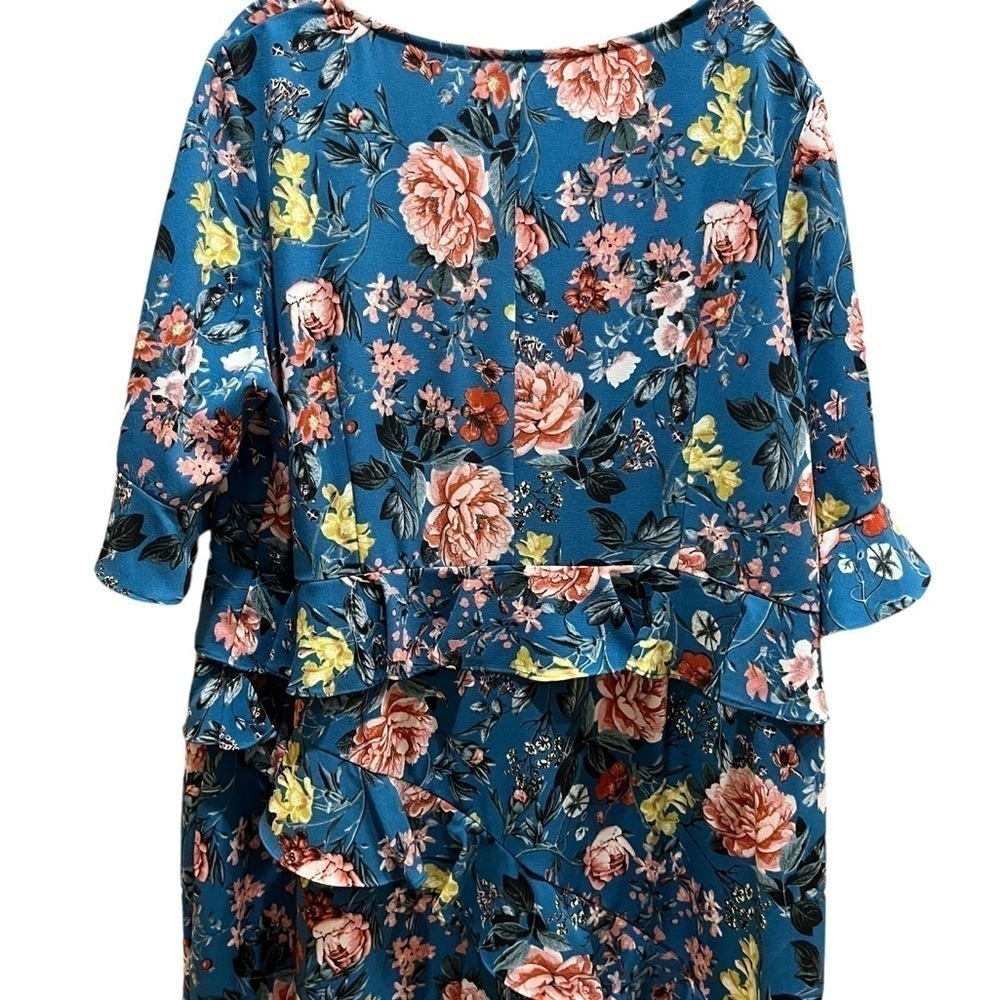 Laundry by Shelli Segal Teal Blue Floral Print Asymmetrical Ruffled Dress Sz 18W - Picture 9 of 10